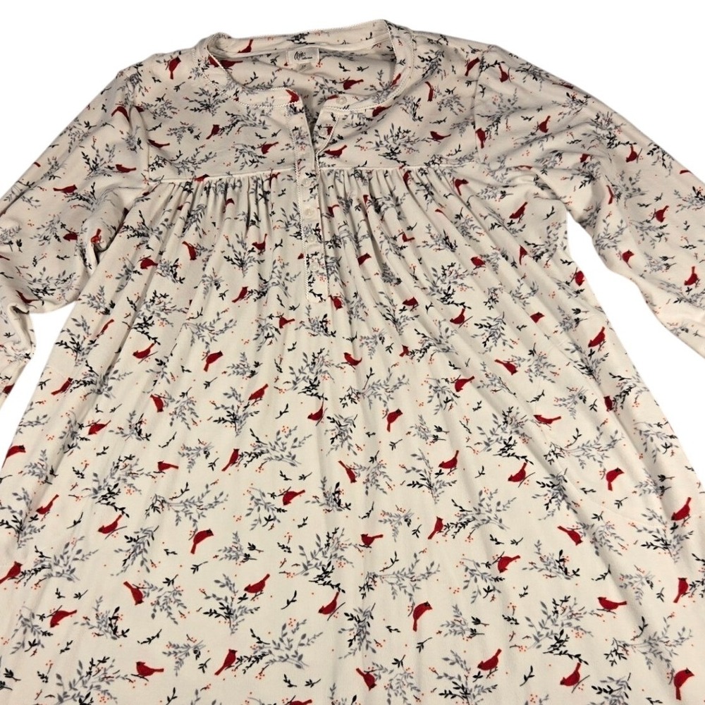 Aria Collection Womens 2X Fleece Nightgown Red Cardinal Winter Print White
